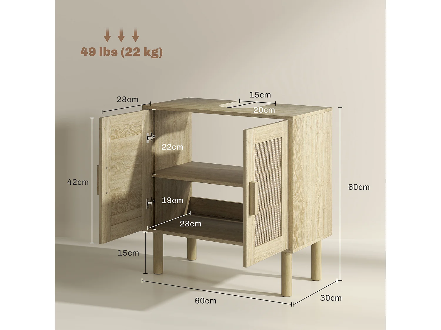 Meuble sous vasque style bohème - 2 portes, étagère - effet rotin bois clair