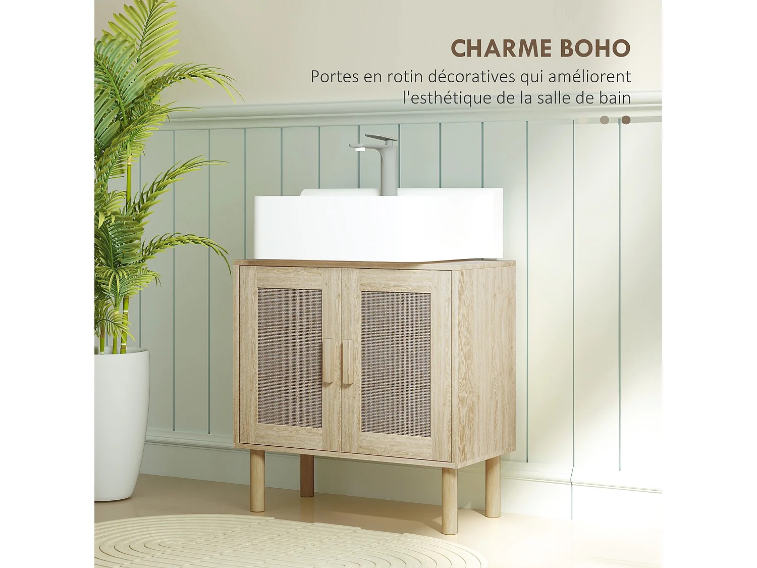Meuble sous vasque style bohème - 2 portes, étagère - effet rotin bois clair