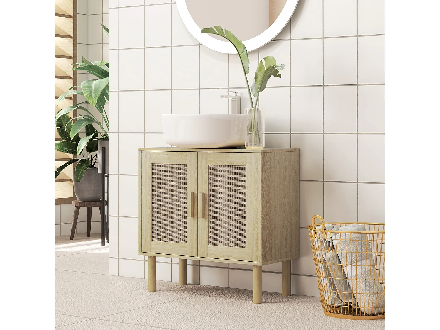 Meuble sous vasque style bohème - 2 portes, étagère - effet rotin bois clair