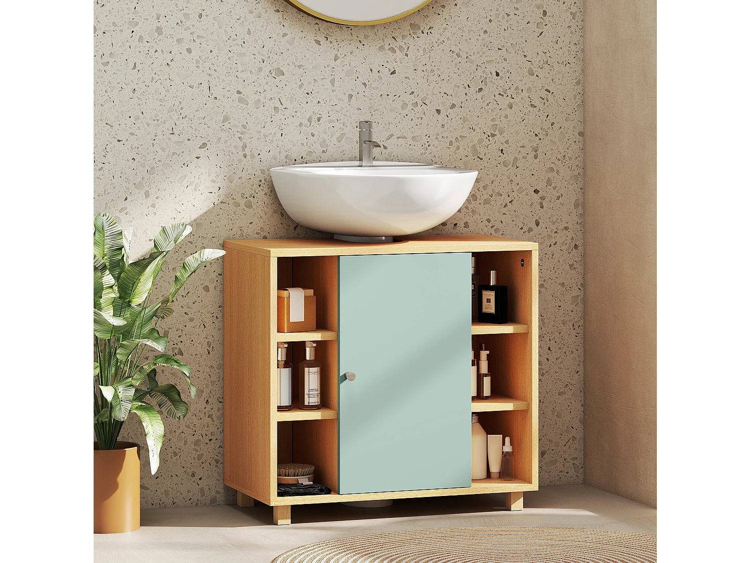 Meuble sous vasque 6 niches porte étagère dim. 60 x 33 x 57 cm effet bois clair vert d'eau