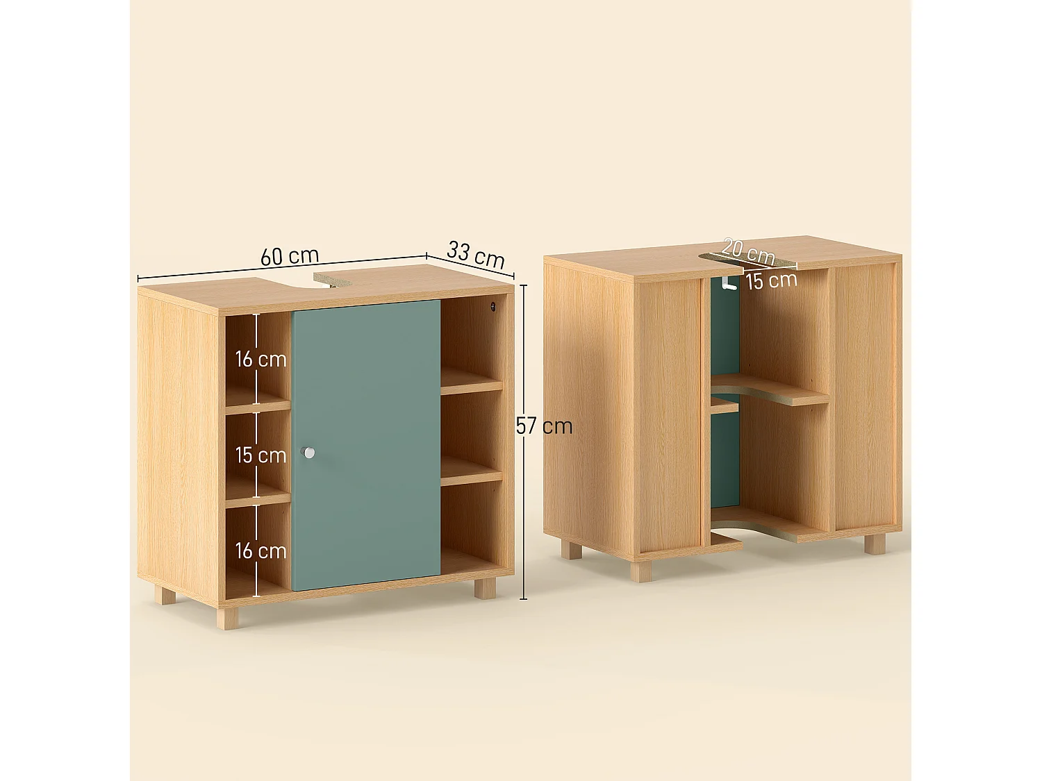 Meuble sous vasque 6 niches porte étagère dim. 60 x 33 x 57 cm effet bois clair vert d'eau