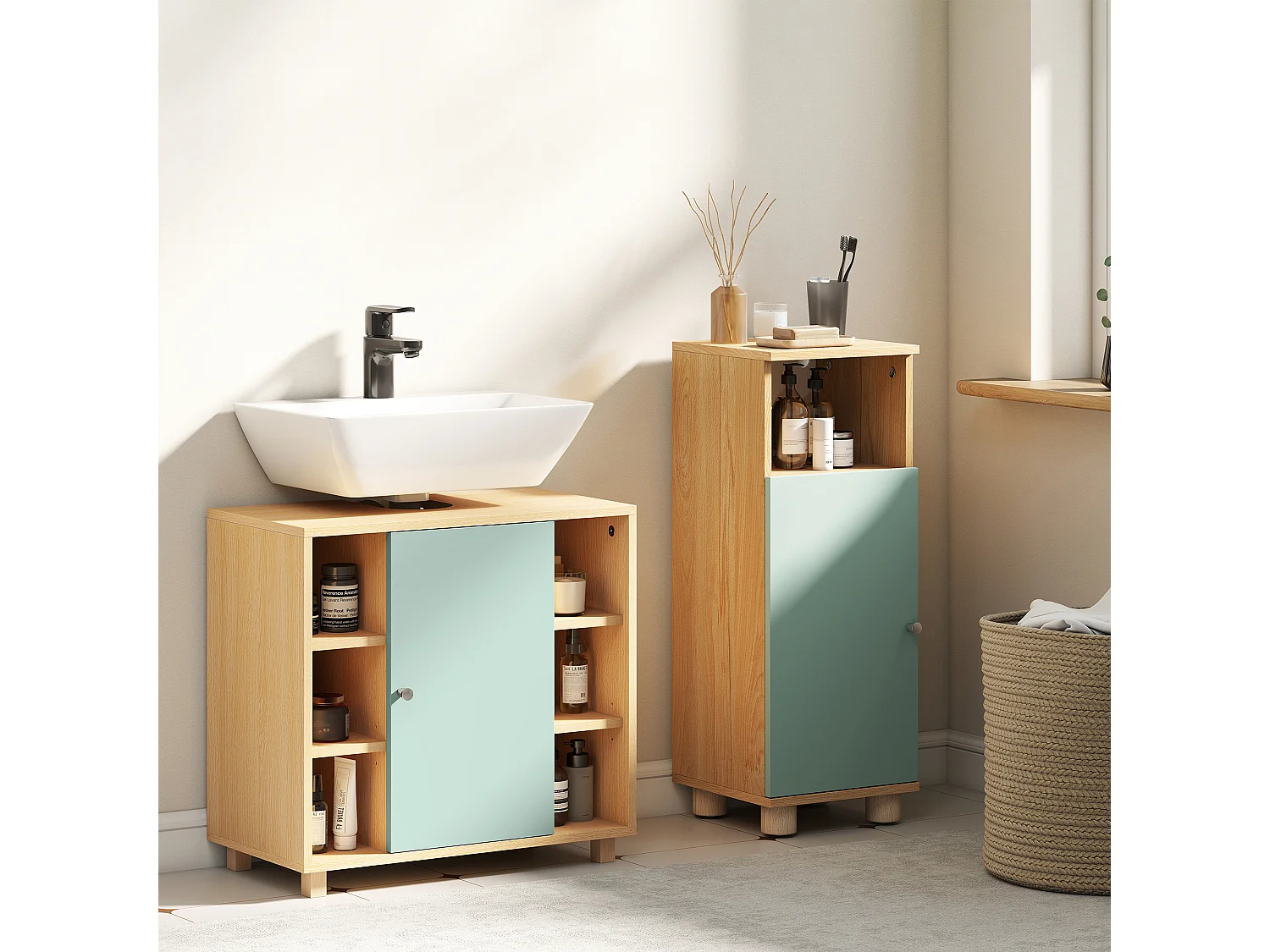 Meuble sous vasque 6 niches porte étagère dim. 60 x 33 x 57 cm effet bois clair vert d'eau