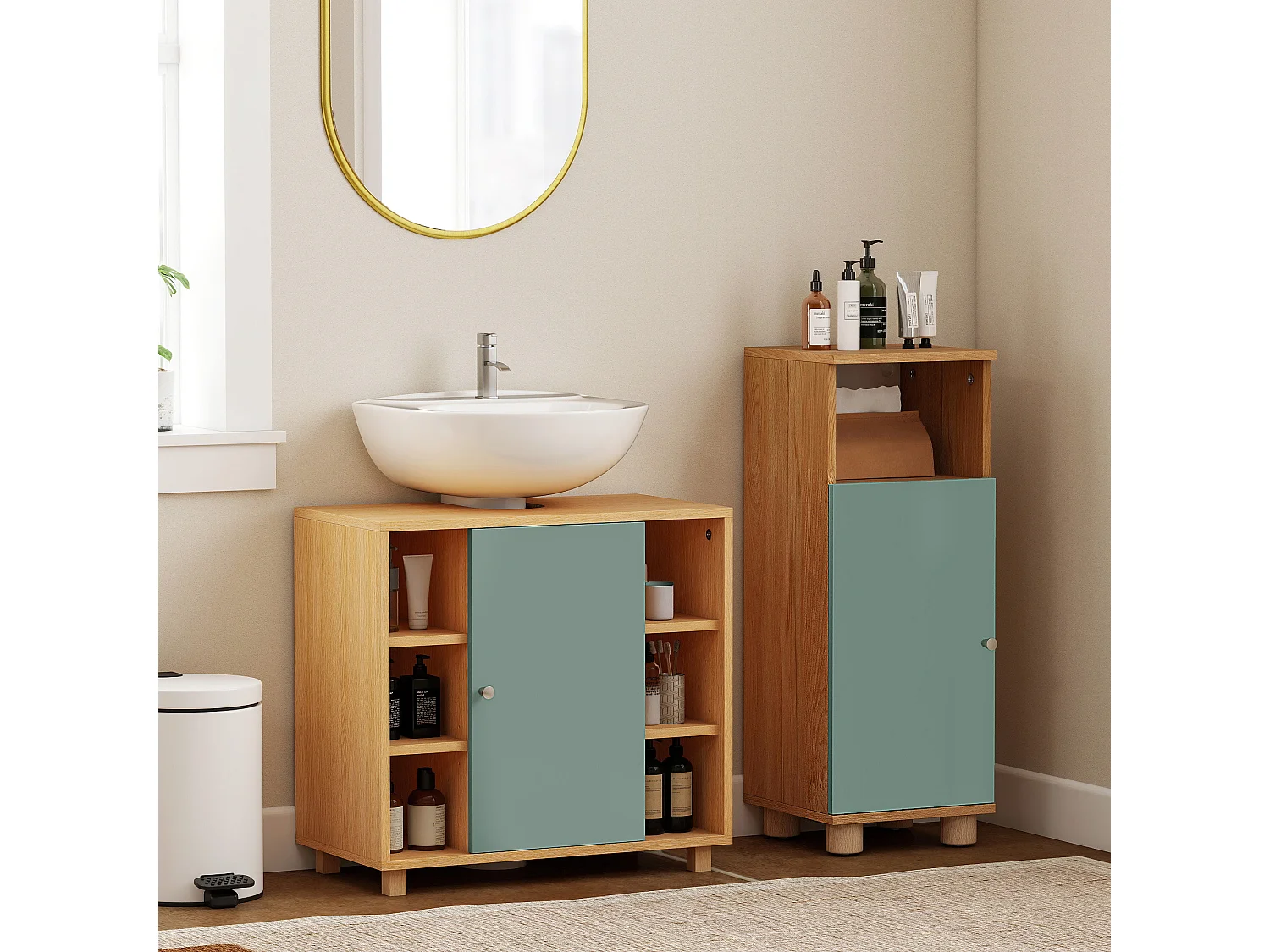 Meuble sous vasque 6 niches porte étagère dim. 60 x 33 x 57 cm effet bois clair vert d'eau