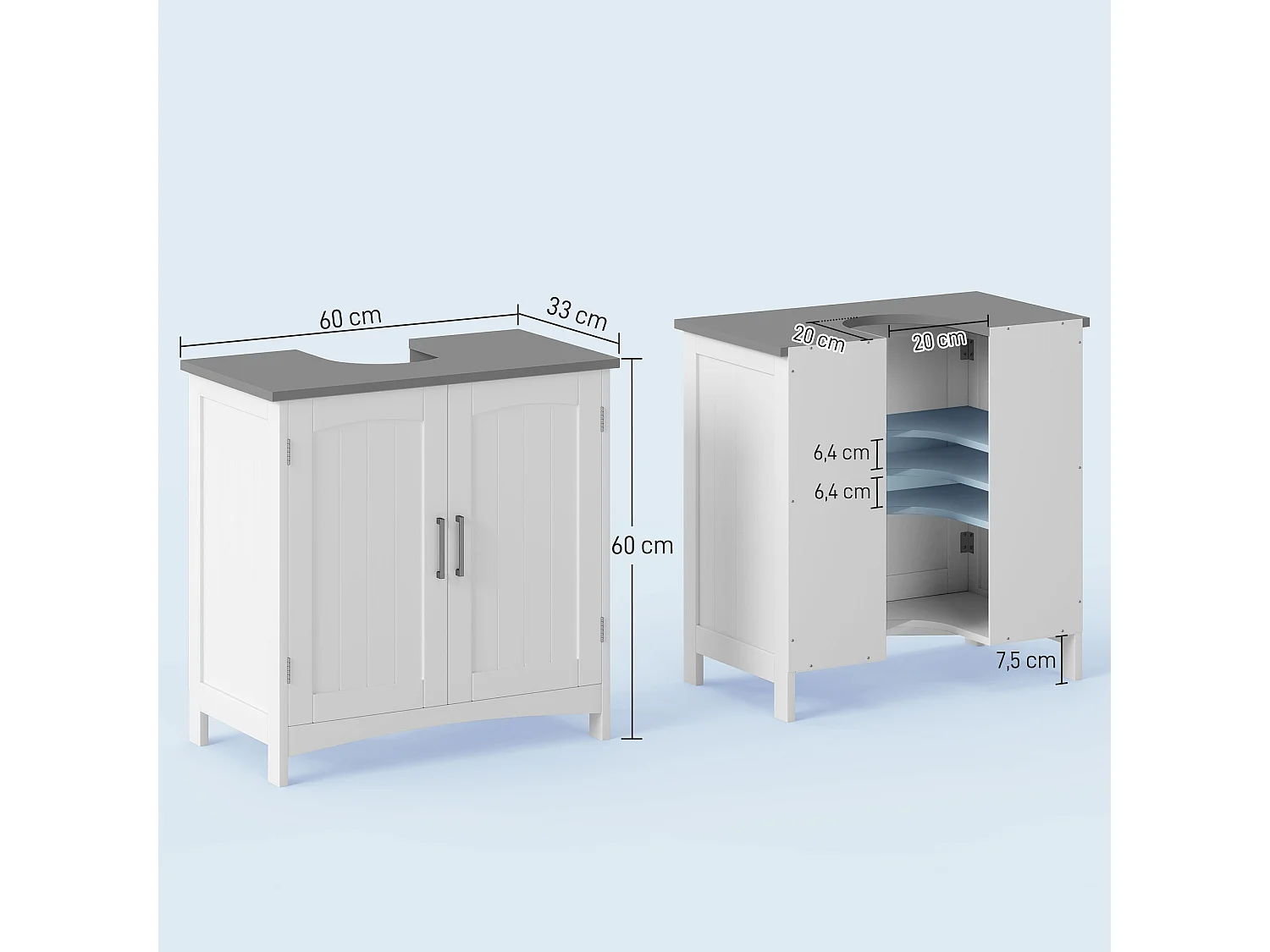 Meuble sous vasque sur pied 2 portes étagères dim. 60 x 33 x 76 cm blanc gris