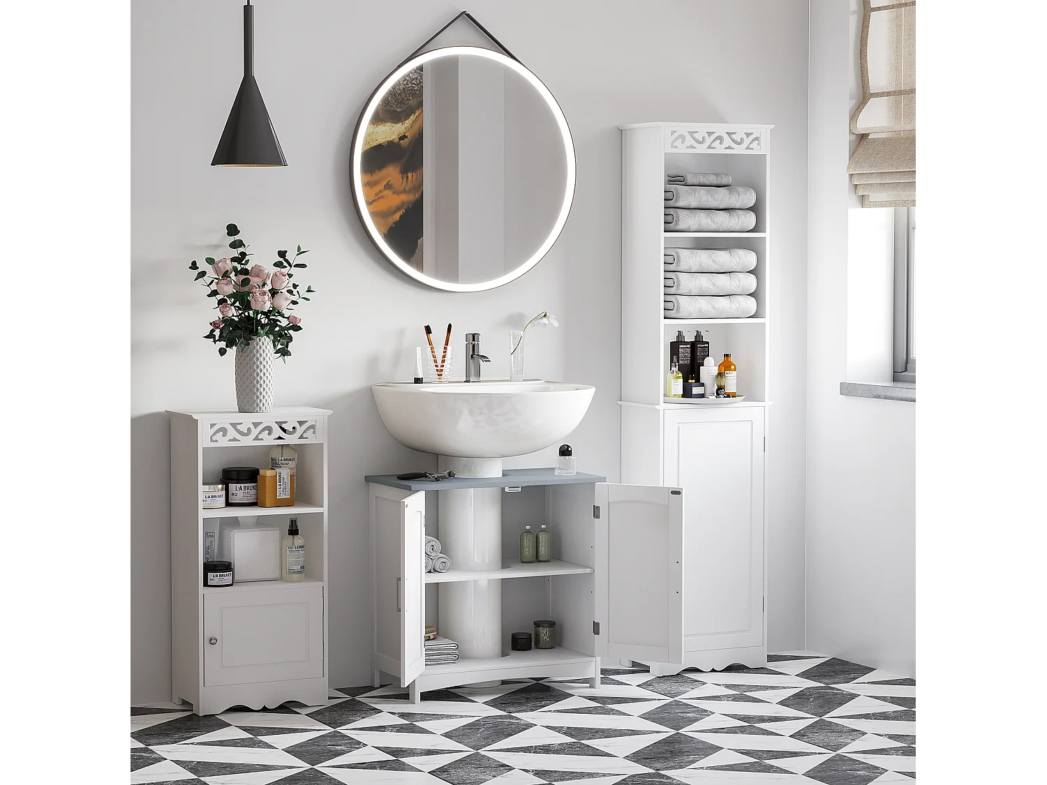 Meuble sous vasque sur pied 2 portes étagères dim. 60 x 33 x 76 cm blanc gris