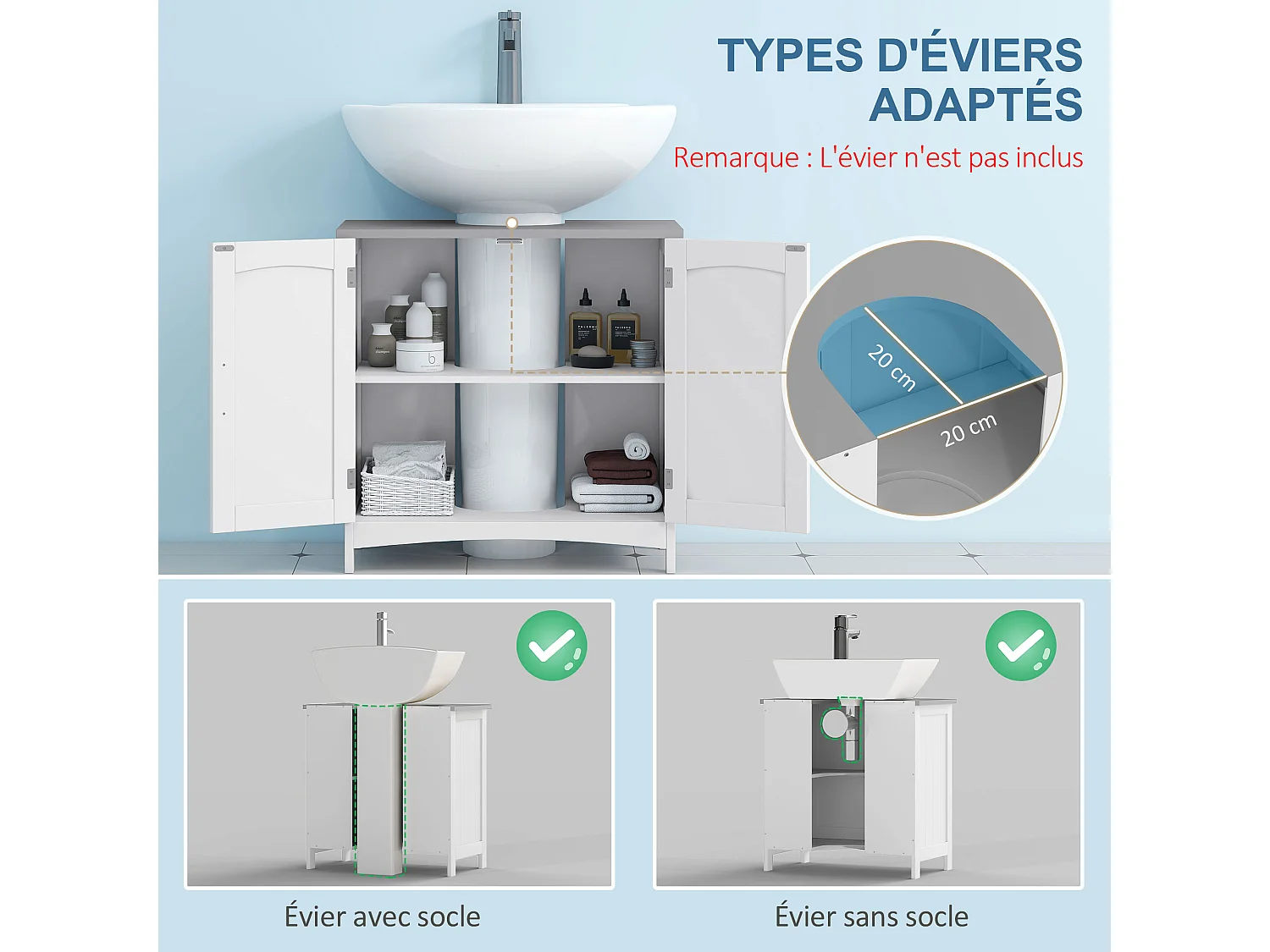 Meuble sous vasque sur pied 2 portes étagères dim. 60 x 33 x 76 cm blanc gris