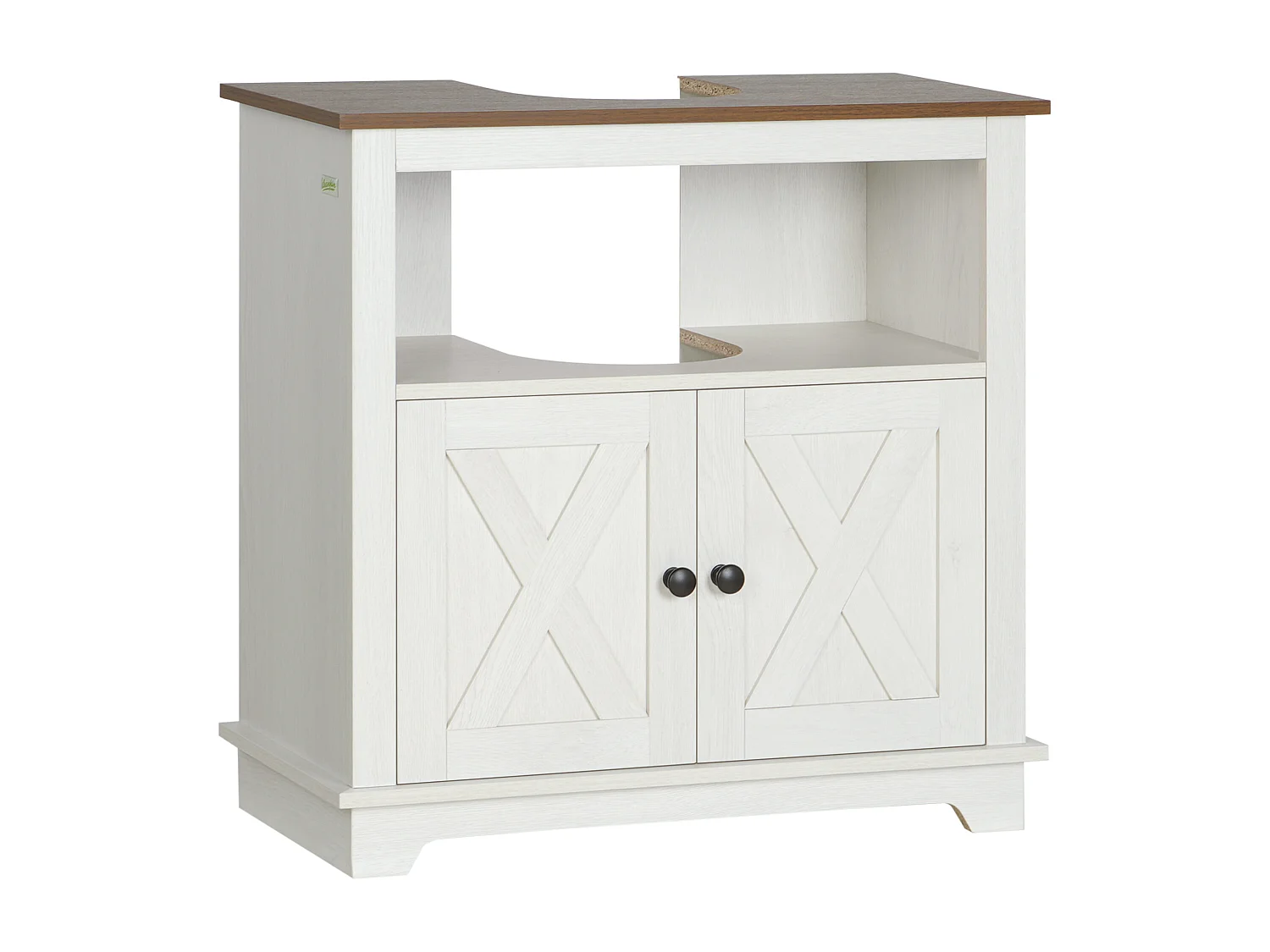 Meuble sous vasque style rural chic - 2 portes, niche - poignées boutons métal noir - aspect bois blanc noyer