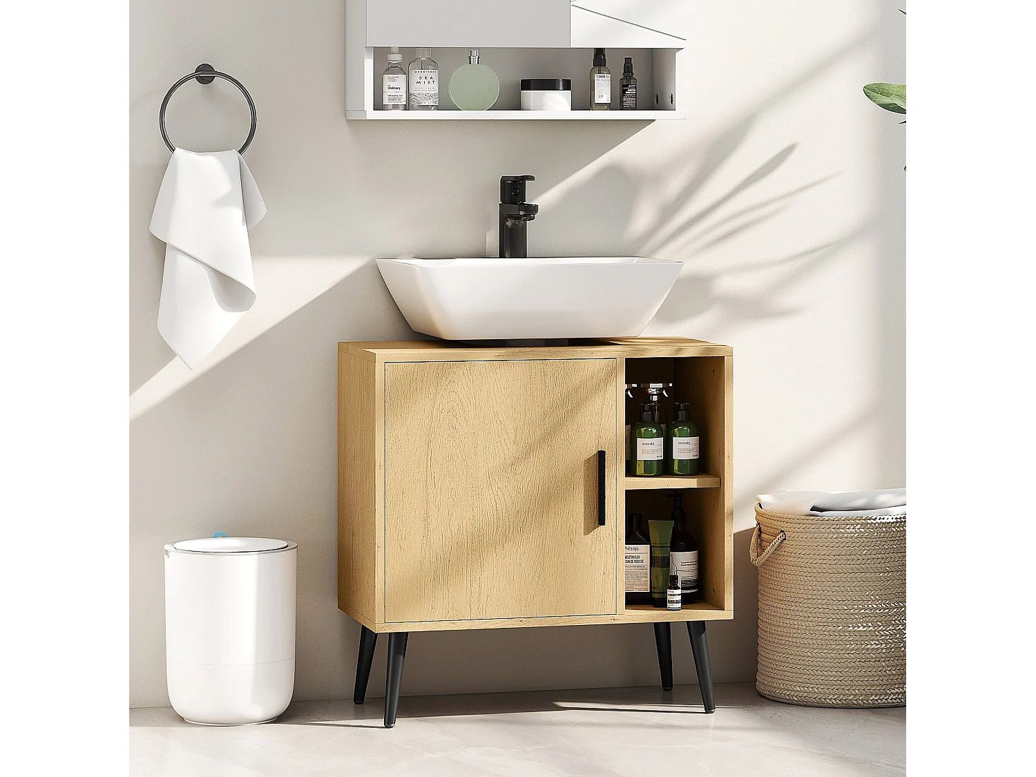 Meuble sous vasque style nordique dim. 60 x 30 x 59,5 cm - porte, 2 niches - piètement métal noir effet bois clair