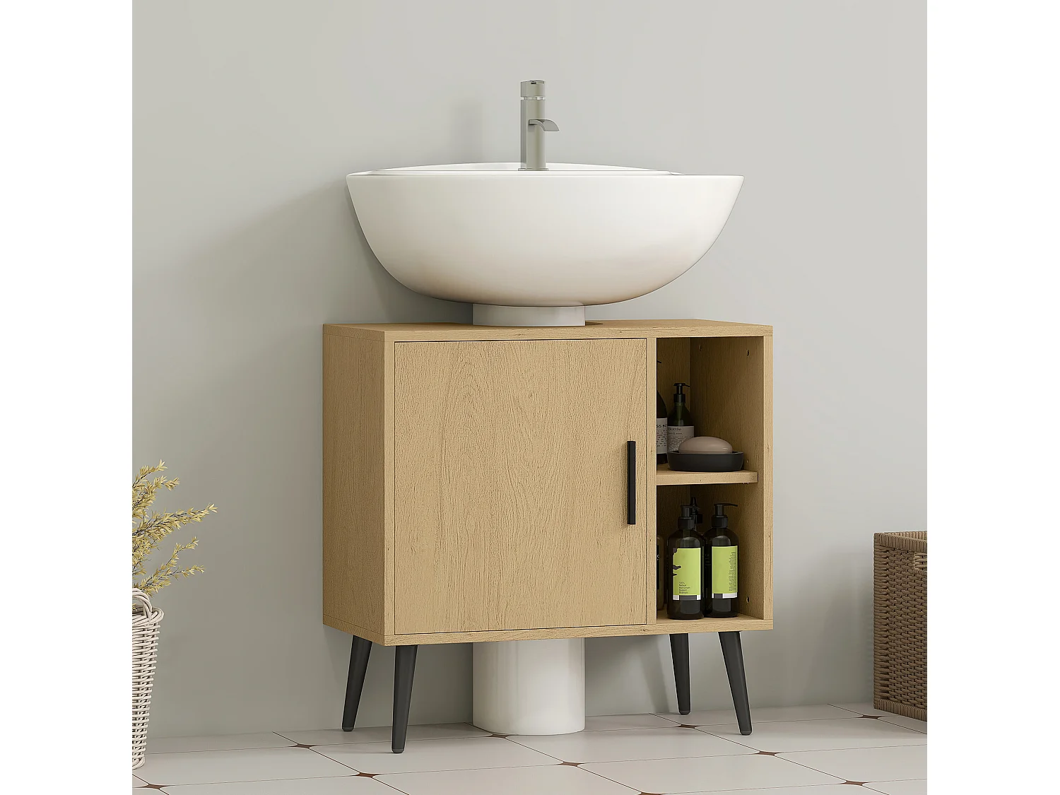 Meuble sous vasque style nordique dim. 60 x 30 x 59,5 cm - porte, 2 niches - piètement métal noir effet bois clair