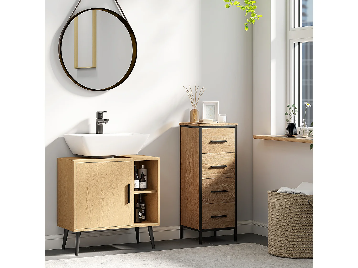 Meuble sous vasque style nordique dim. 60 x 30 x 59,5 cm - porte, 2 niches - piètement métal noir effet bois clair