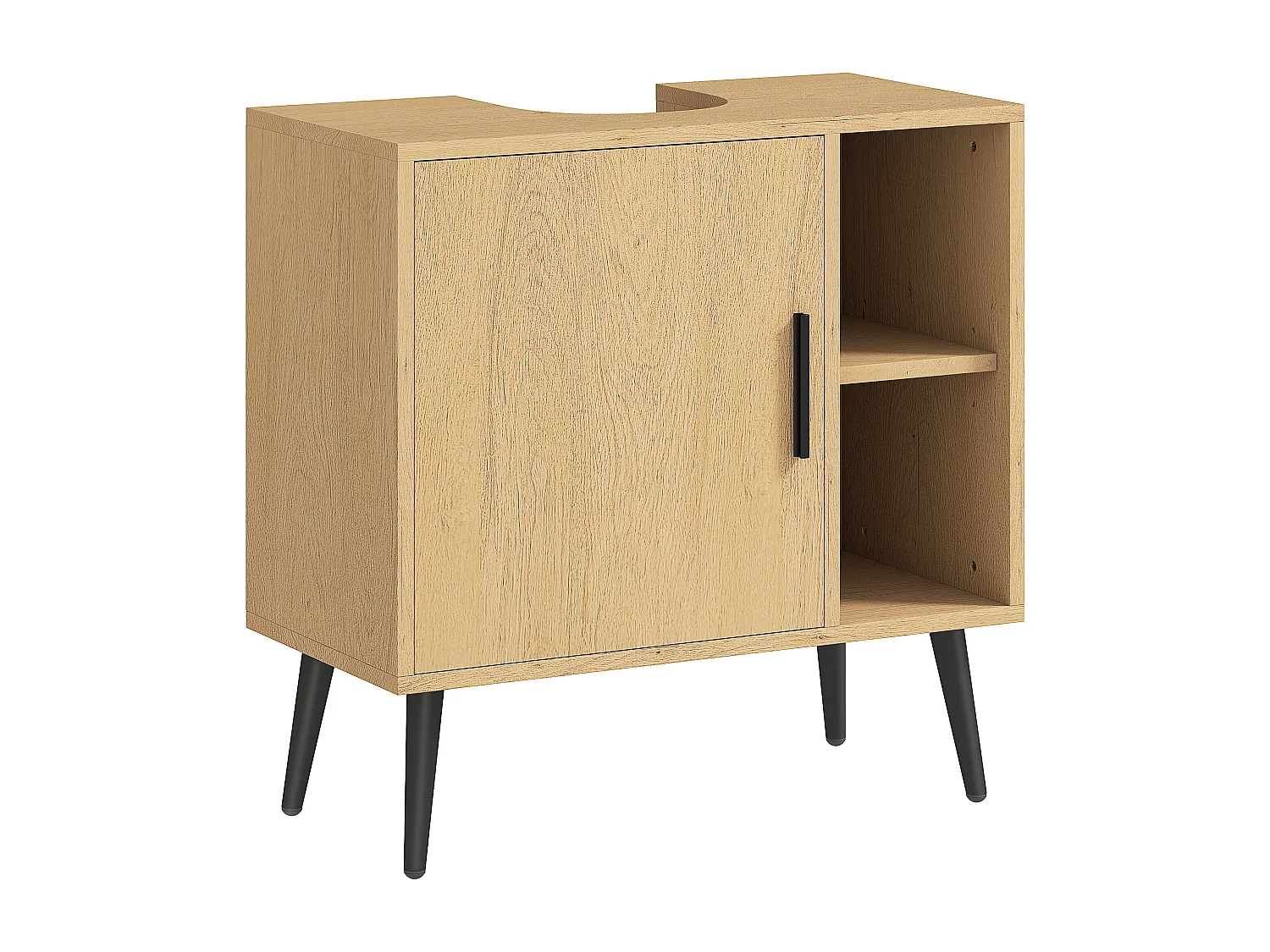 Meuble sous vasque style nordique dim. 60 x 30 x 59,5 cm - porte, 2 niches - piètement métal noir effet bois clair