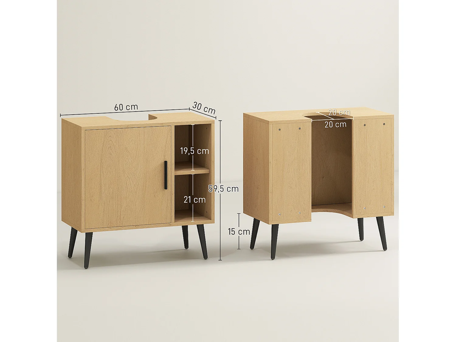 Meuble sous vasque style nordique dim. 60 x 30 x 59,5 cm - porte, 2 niches - piètement métal noir effet bois clair