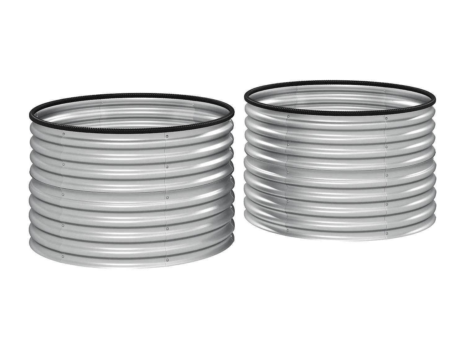 Lot de 2 jardinières rondes tôle acier galvanisé dia. 90 x H.56 cm argenté caoutchouc noir