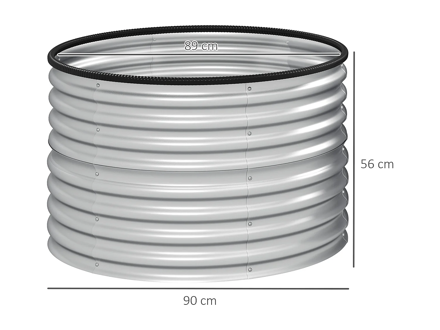 Lot de 2 jardinières rondes tôle acier galvanisé dia. 90 x H.56 cm argenté caoutchouc noir