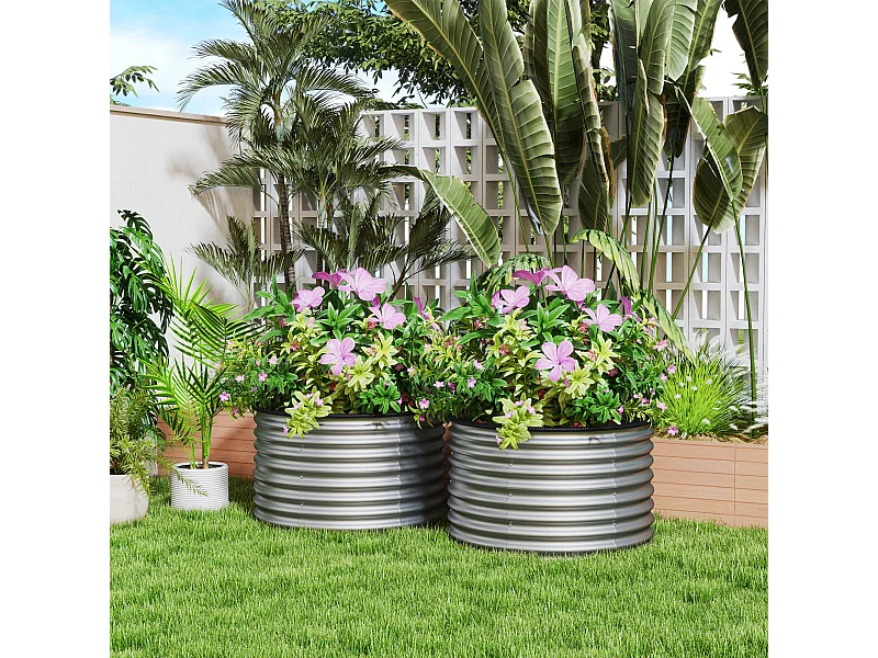 Lot de 2 jardinières rondes tôle acier galvanisé dia. 90 x H.56 cm argenté caoutchouc noir