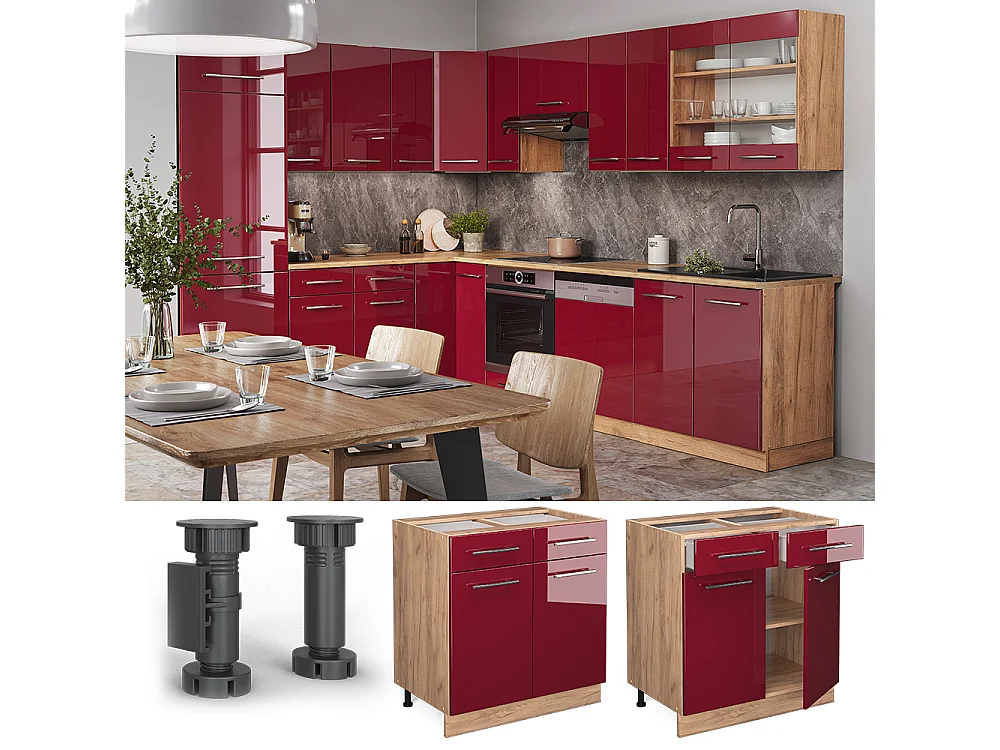 Meuble cuisine rouge bordeaux haute brillance 80x60x82 fame-line