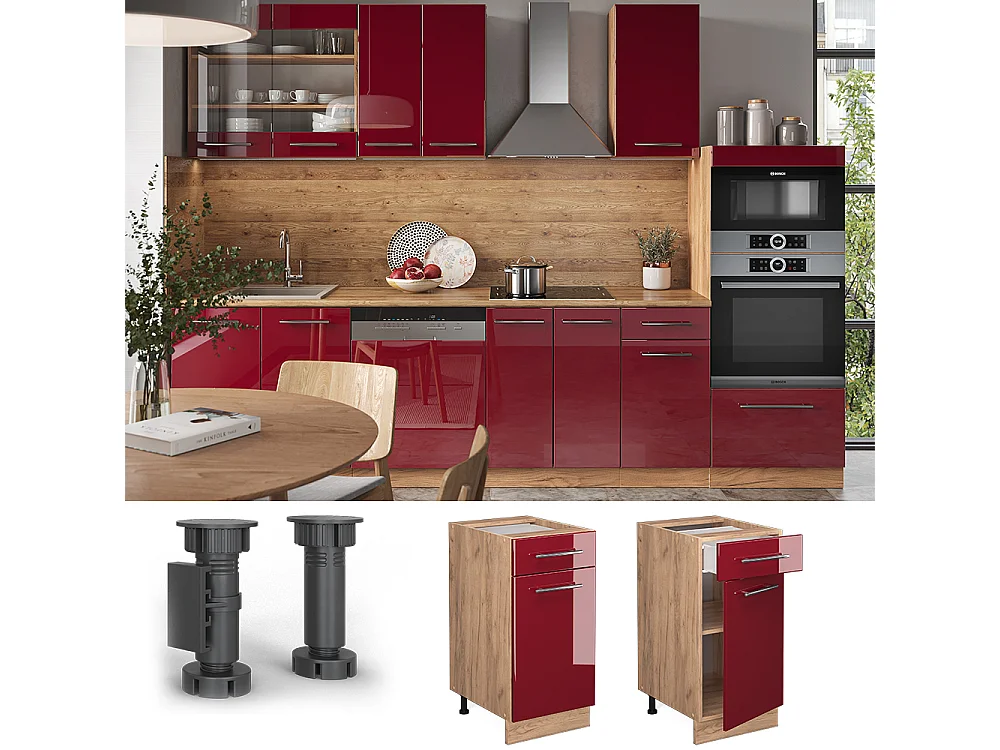 Mueble bajo de cocina rojo burdeos alto brillo 40x51.6x82 fame-line