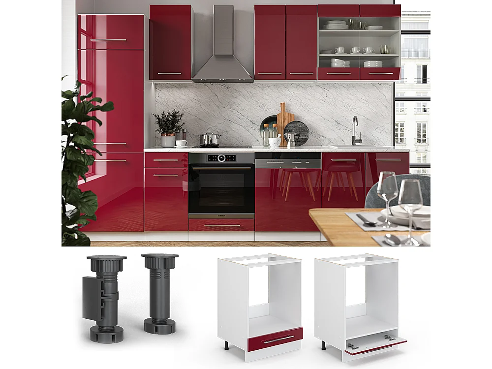 Meuble pour four rouge bordeaux haute brillance 60x51.6x82 fame-line