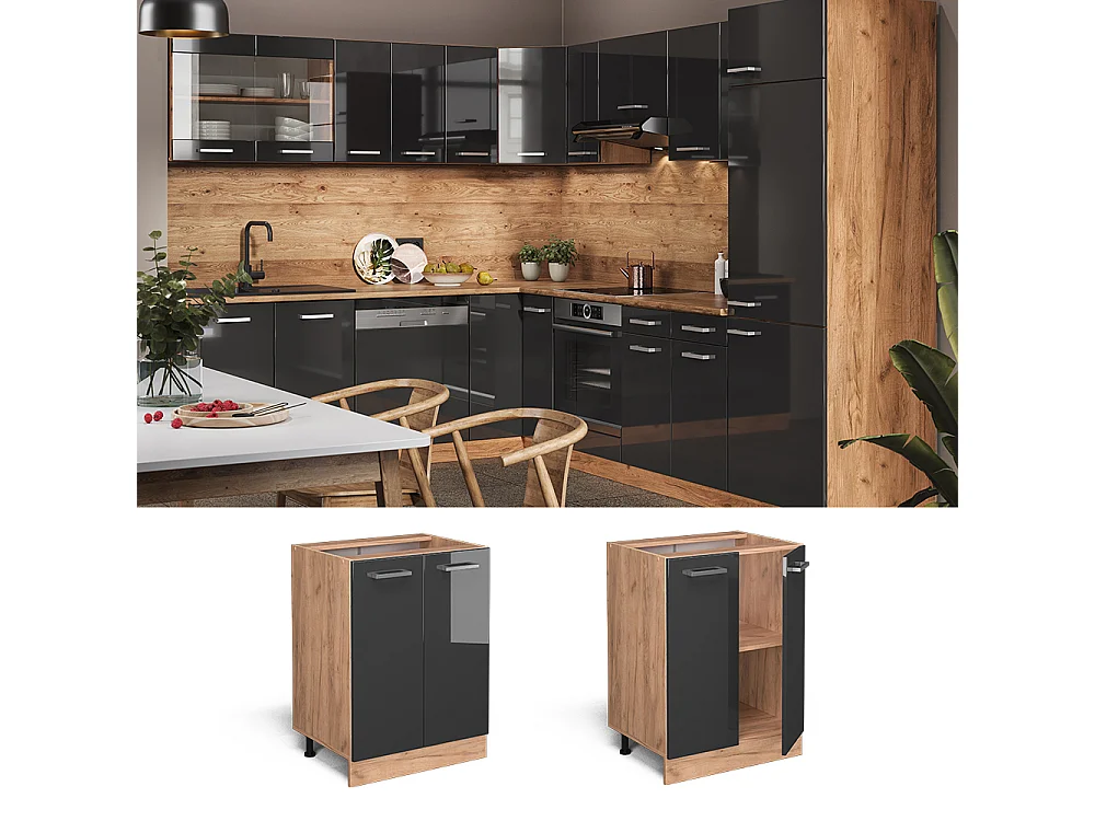 Meuble bas de cuisine anthracite haute brillance 60x46x81.6 r-line