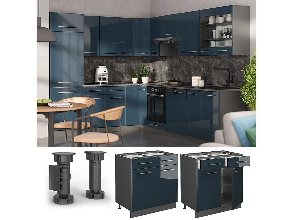 Mueble bajo de cocina azul oscuro alto brillo 80x60x82 fame-line