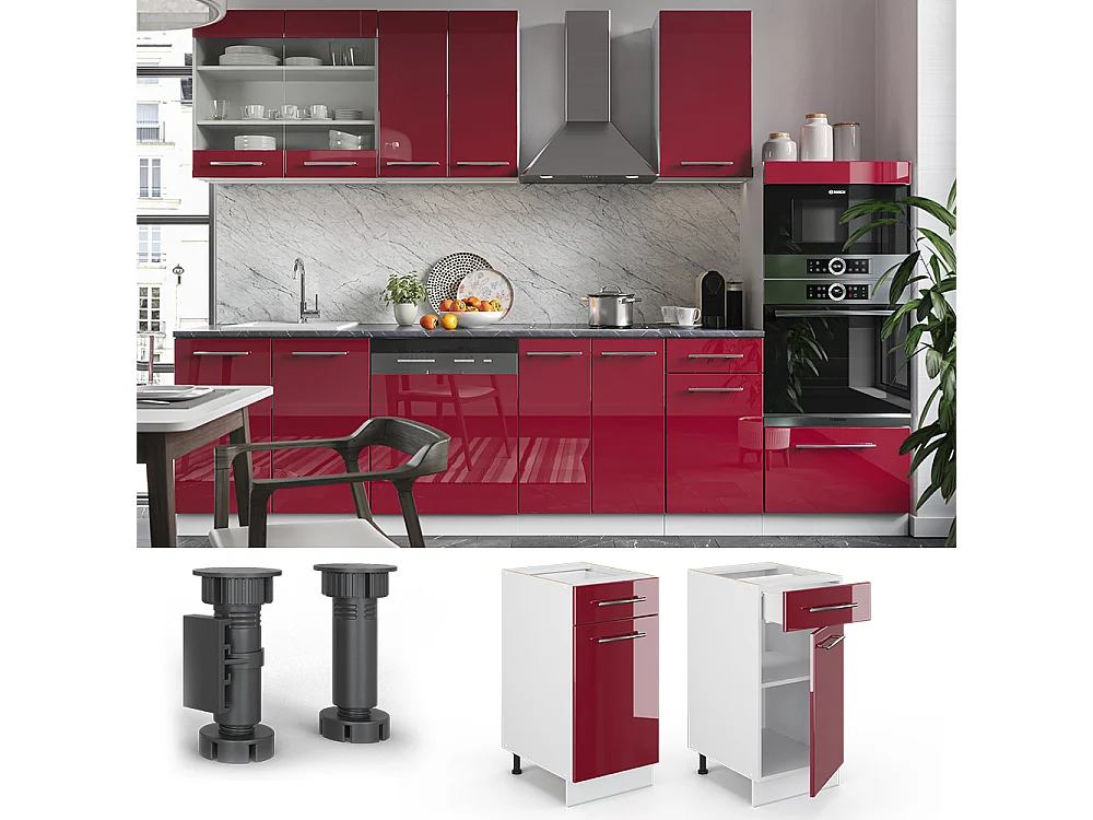 Meuble cuisine rouge bordeaux haute brillance 40x51.6x82 fame-line