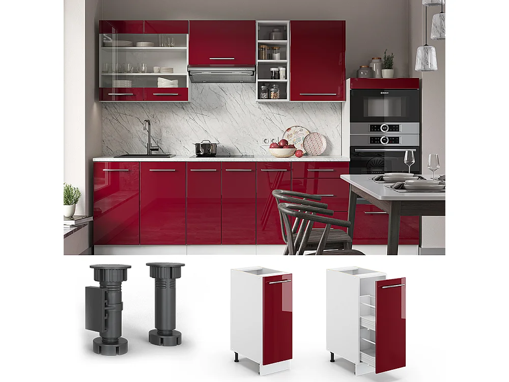 Meuble de cuisine rouge bordeaux haute brillance 30x60x82 fame-line