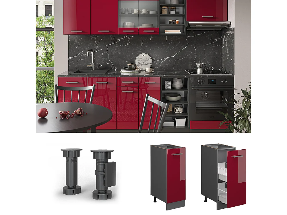 Meuble de cuisine rouge brillant 30x60x81.6 r-line