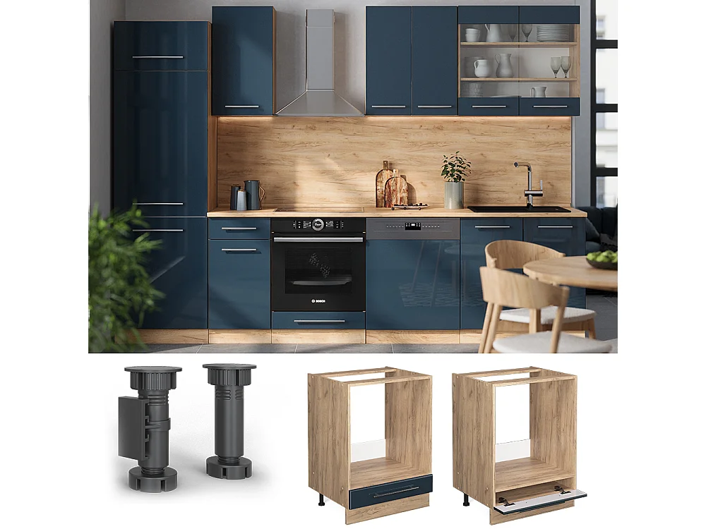 Meuble pour four bleu foncé brillant 60x60x82 fame-line