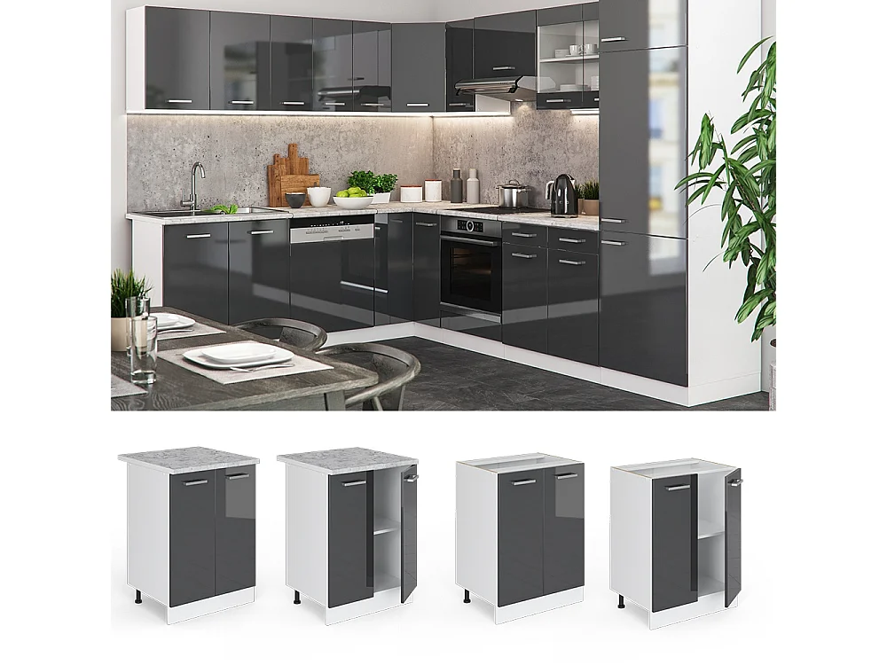 Meuble bas de cuisine anthracite haute brillance 60x46x81.6 r-line