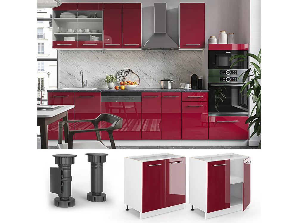 Meuble bas sous-évier rouge bordeaux haute brillance 80x51.6x82 fame-line