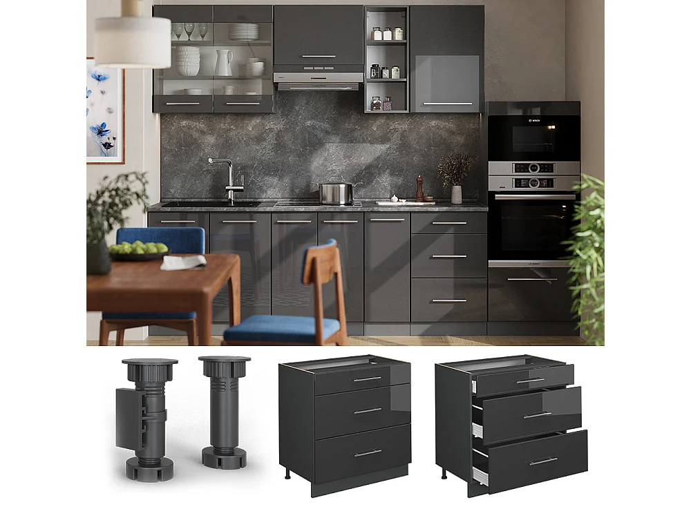 Meuble cuisine anthracite haute brillance 80x60x82 fame-line