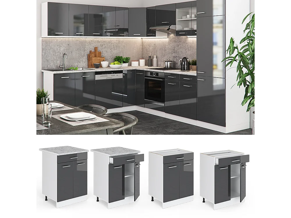 Meuble cuisine anthracite haute brillance 60x46x81.6 r-line