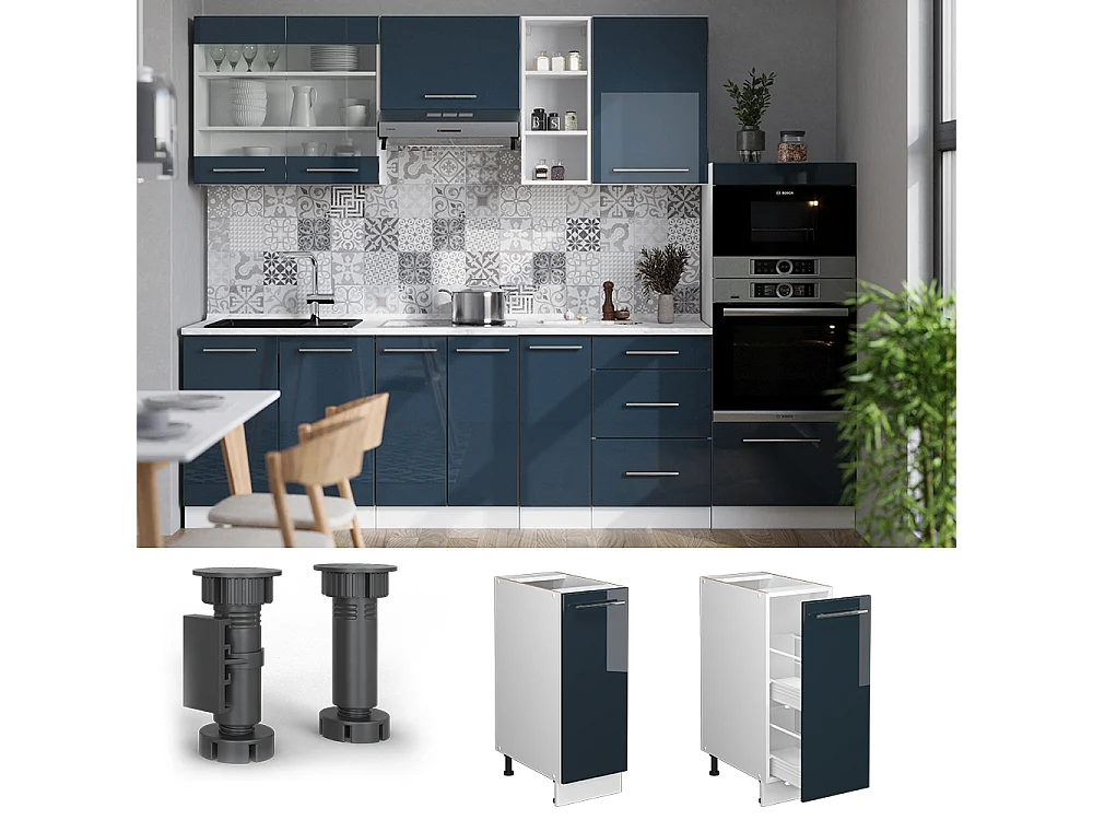 Meuble de cuisine bleu foncé brillant 30x60x82 fame-line