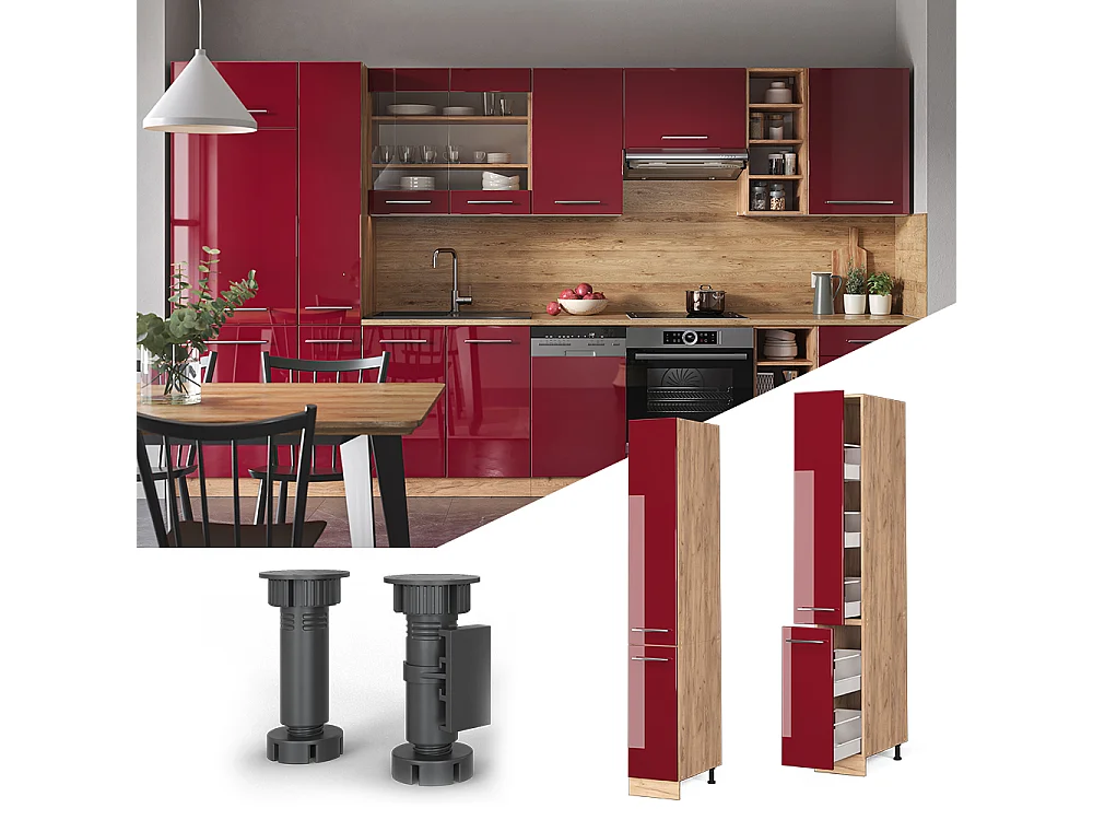 Meuble haute de cuisine rouge bordeaux haute brillance 30x58x206.8 fame-line