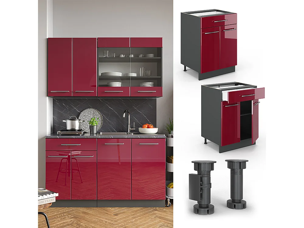 Mueble bajo de cocina rojo burdeos alto brillo 60x51.6x82 fame-line