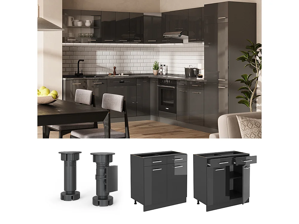 Mobiletto base per cucina antracite lucido 80x60x81.6 r-line