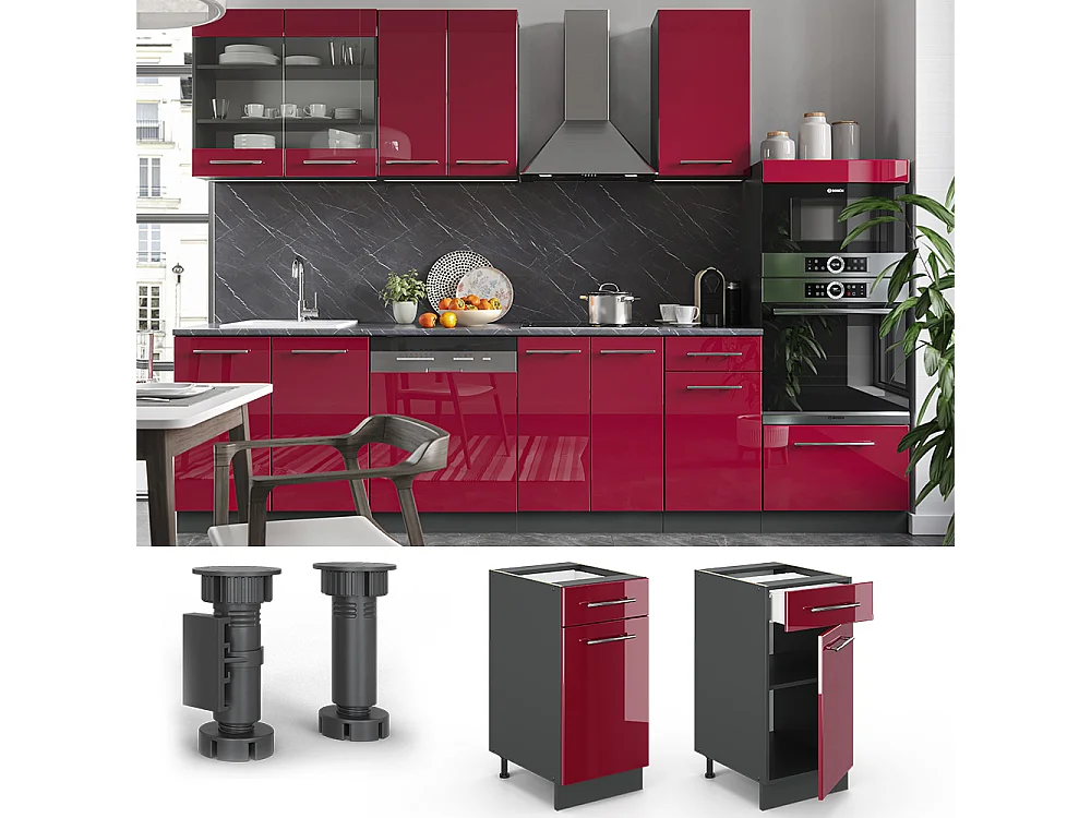Meuble cuisine rouge bordeaux haute brillance 40x60x82 fame-line