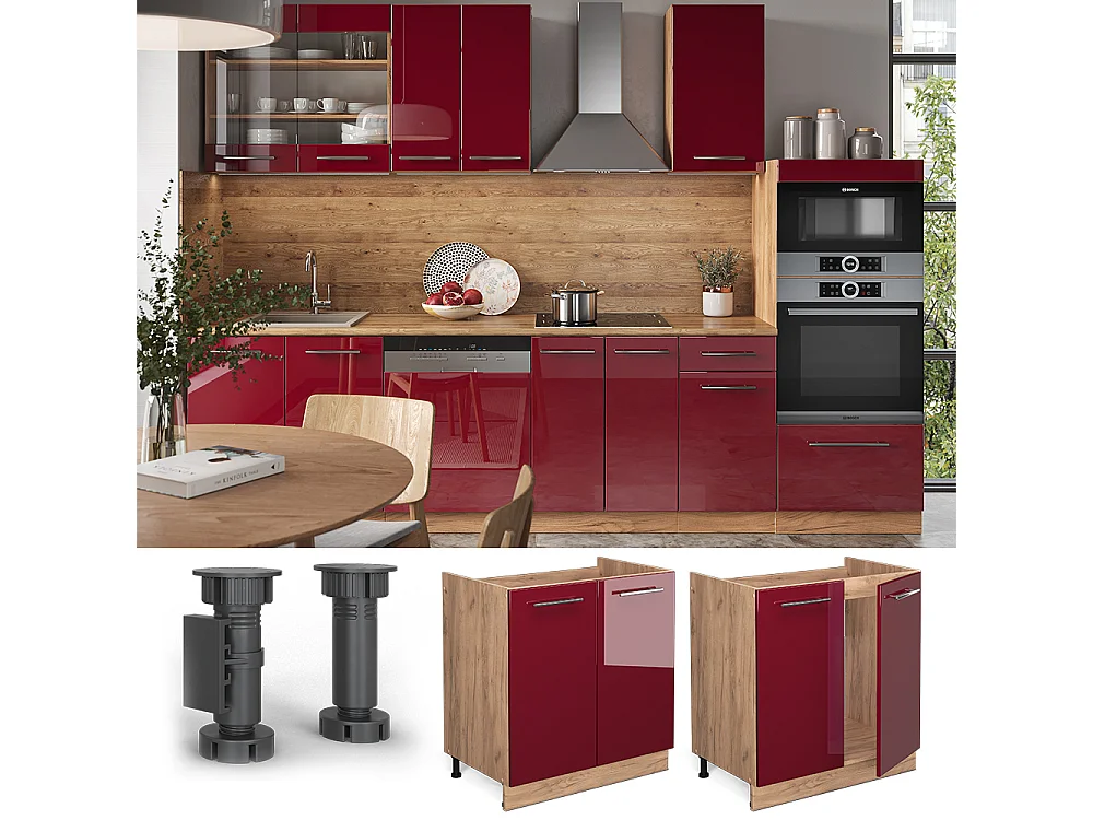 Meuble bas sous-évier rouge bordeaux haute brillance 80x51.6x82 fame-line