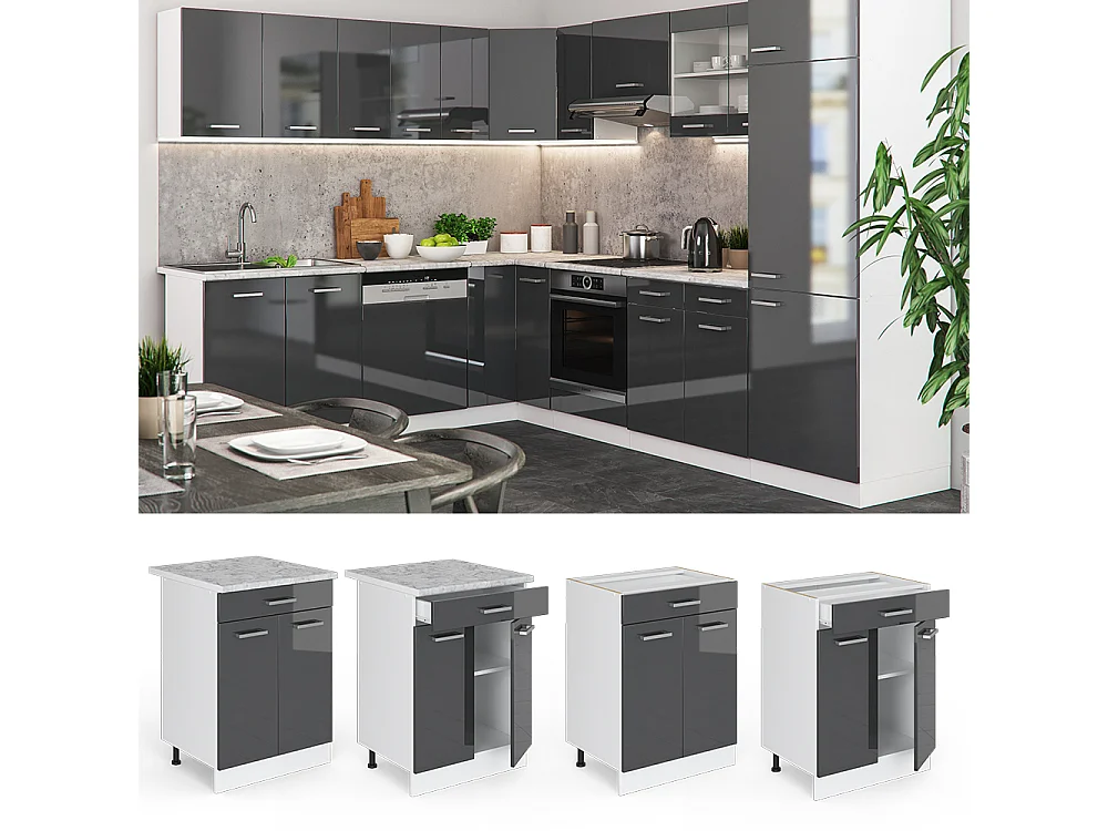 Armário baixo de cozinha antracite alto brilho 60x60x81.6 r-line