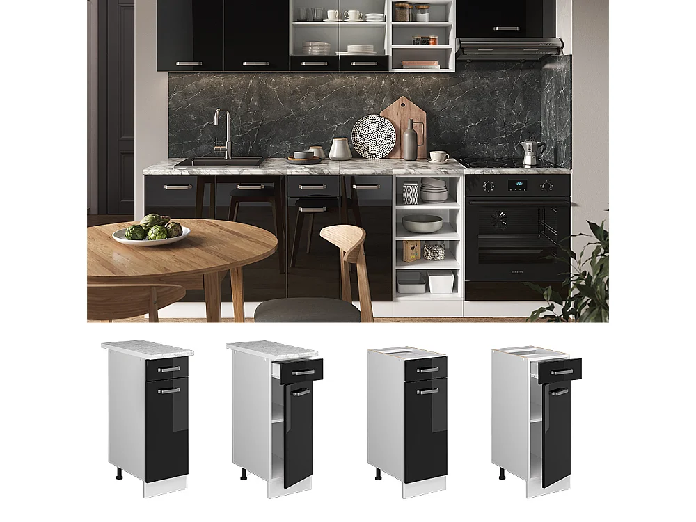 Meuble cuisine noir haute brillance 30x60x81.6 r-line