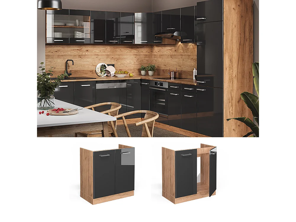 Armario bajo para fregadero antracita alto brillo 80x60x81.6 r-line