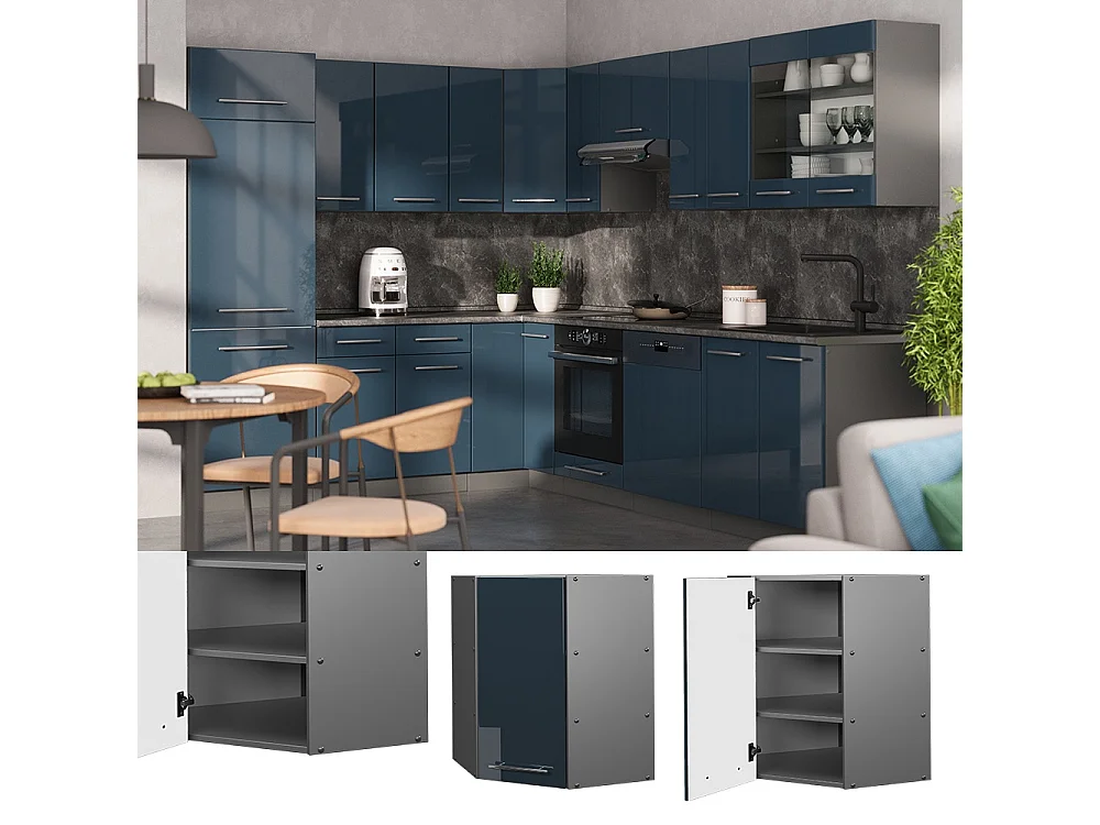 Corner wall cabinet dark blue high gloss 57x34.1x72 fame-line