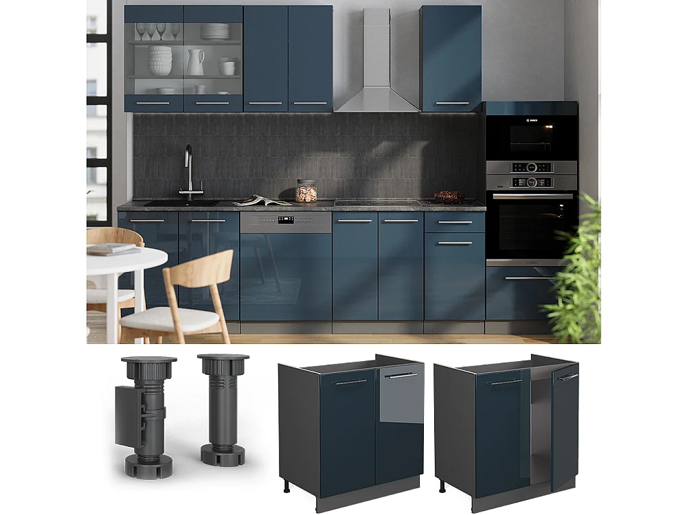 Armario bajo para fregadero azul oscuro alto brillo 80x51.6x82 fame-line