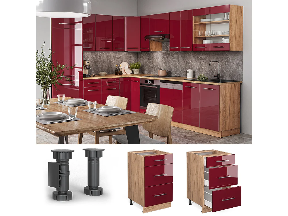 Mueble bajo de cocina rojo burdeos alto brillo 50x60x82 fame-line