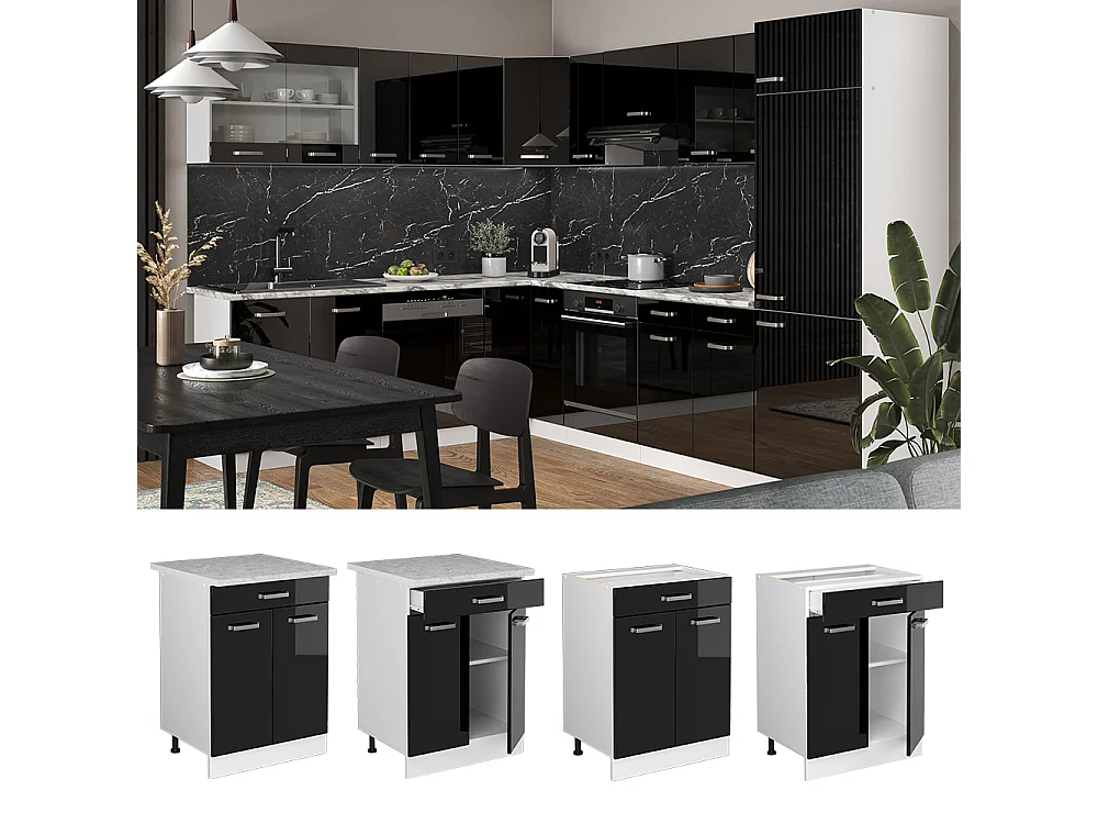 Meuble cuisine noir haute brillance 60x60x81.6 r-line