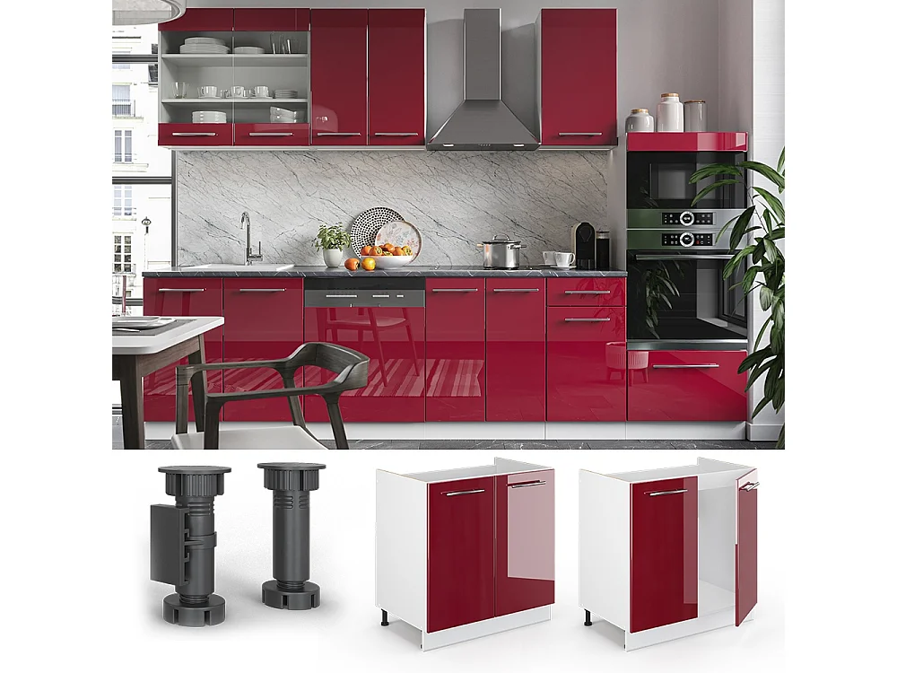 Meuble bas sous-évier rouge bordeaux haute brillance 80x60x82 fame-line
