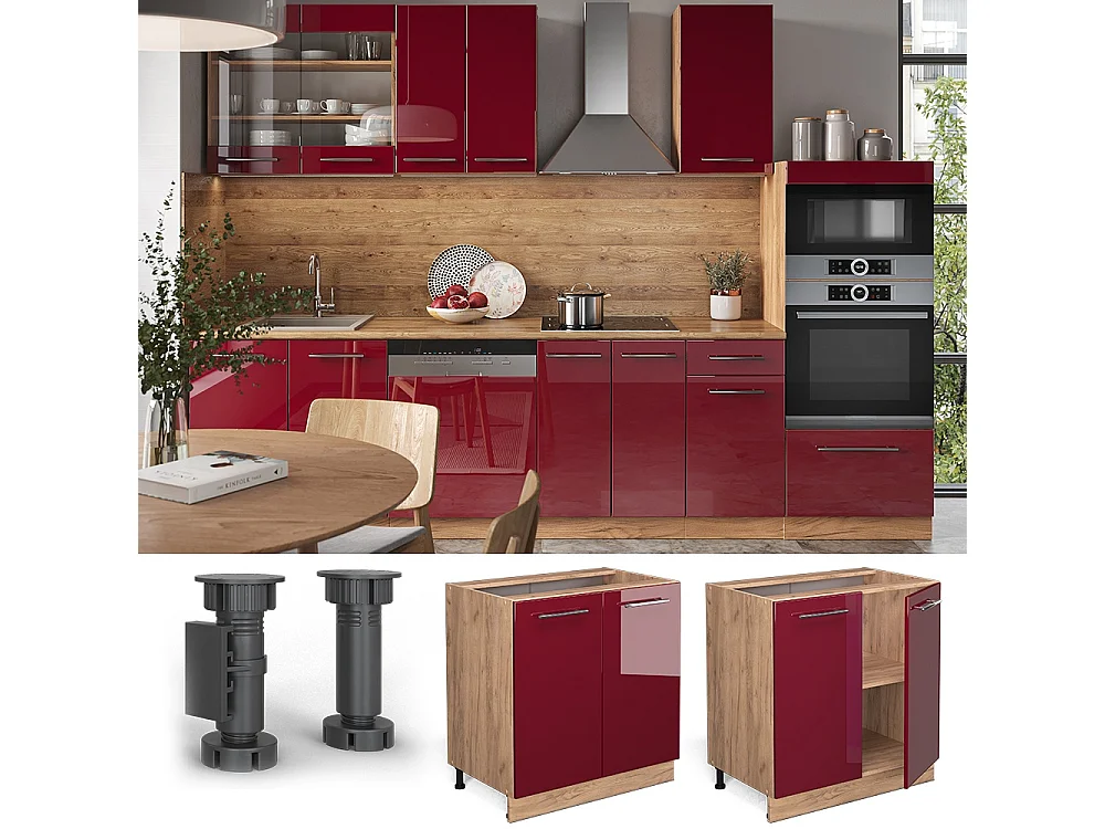 Meuble bas de cuisine rouge bordeaux haute brillance 80x60x82 fame-line