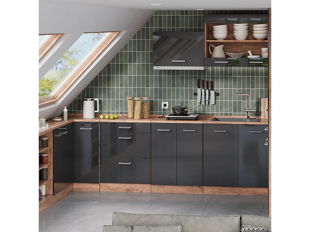 Kitchen cabinet for sloping roofs anthracite high gloss 140x46x81.6 r-line