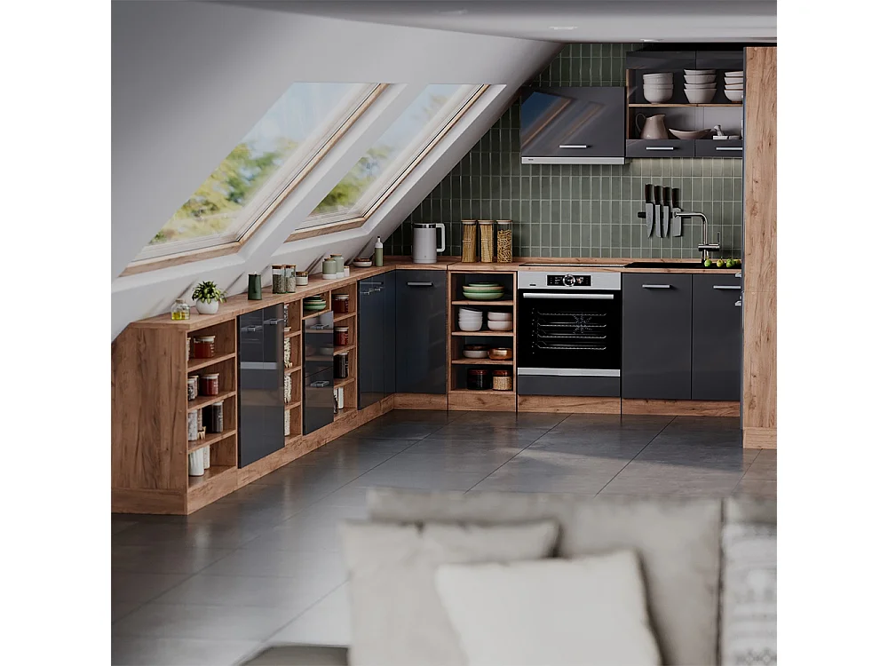 Kitchen cabinet for sloping roofs anthracite high gloss 140x46x81.6 r-line