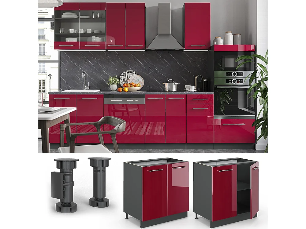 Armario bajo para fregadero rojo burdeos alto brillo 80x60x82 fame-line